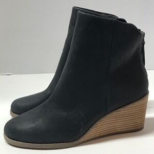 TOMS Casey Black Leather Wedge Ankle Booties Womens 8.5 10021311